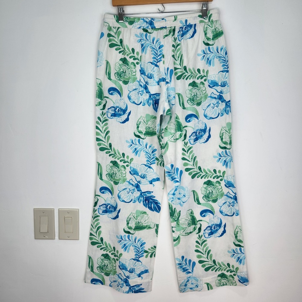 Tommy Bahama Womens M Linen Blend Floral Wide Leg Drawstring Pants Blue Green - Picture 2 of 10